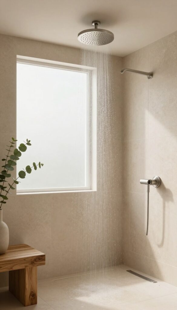 Modern bathroom with rainfall showerhead, natural stone tiles, wooden bench, and soft natural light creating a spa atmosphere.