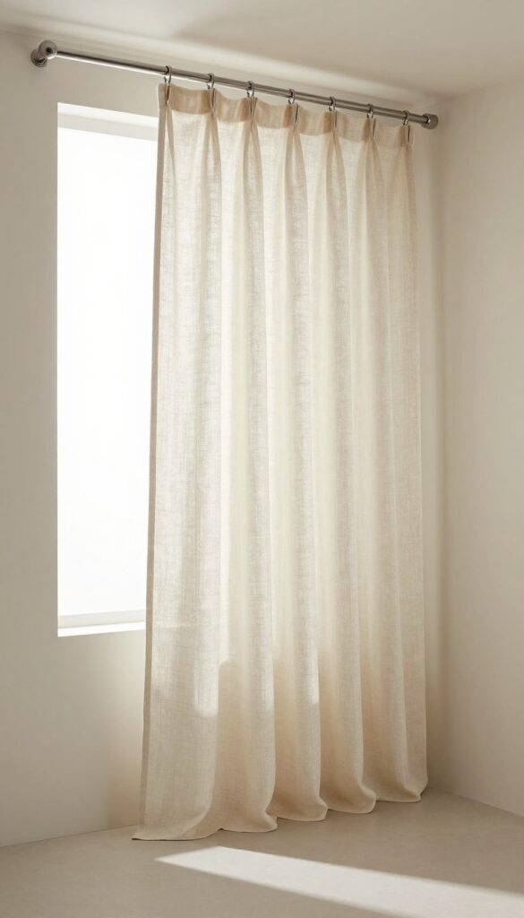 Ceiling-mounted shower curtain rod in a bright, airy bathroom with natural light and flowy linen curtains.