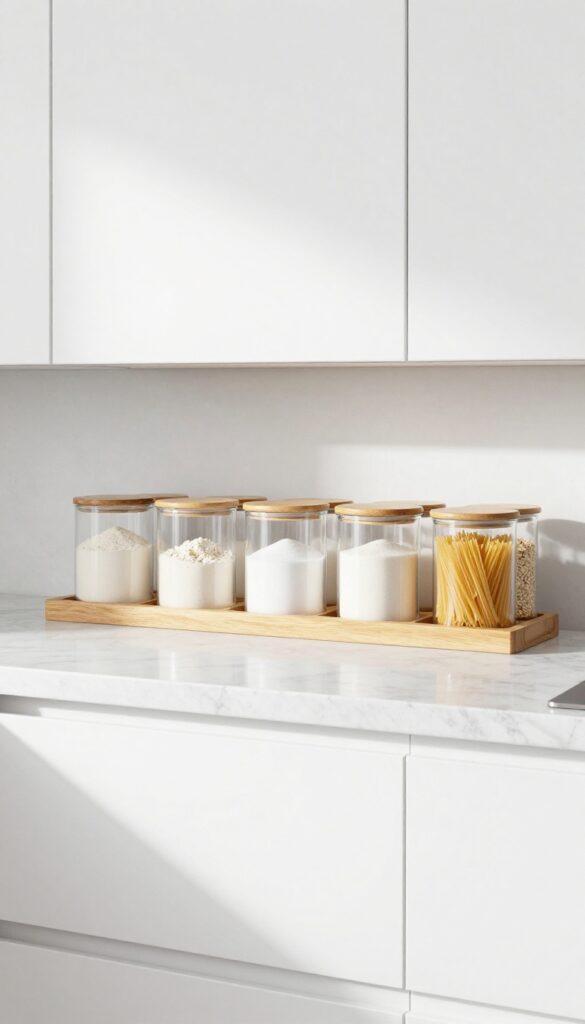 Glass canisters for pantry staples on a kitchen island