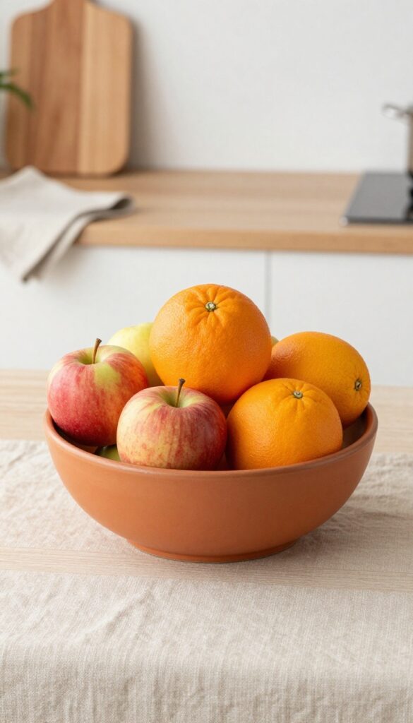 A terracotta fruit bowl filled with apples and oranges on a wooden kitchen table with natural light.