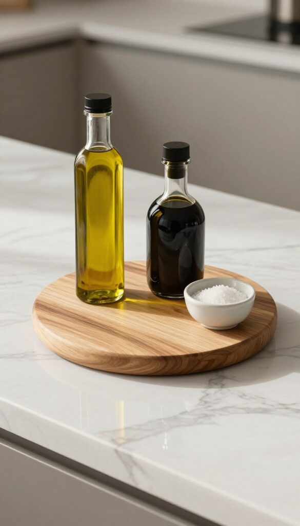 A compact wooden lazy susan on a kitchen island holds olive oil, balsamic vinegar, and flaky salt in elegant bottles and bowls.