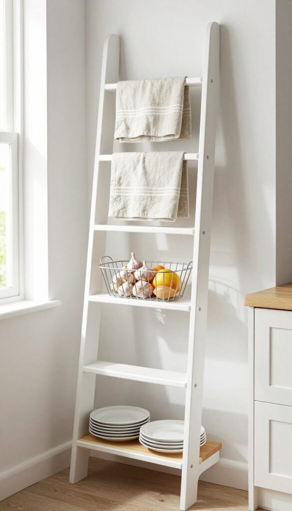 A bright kitchen with a white leaning ladder hutch decorated with linen towels, a wire basket of fruit and garlic, and stacked dinner plates.