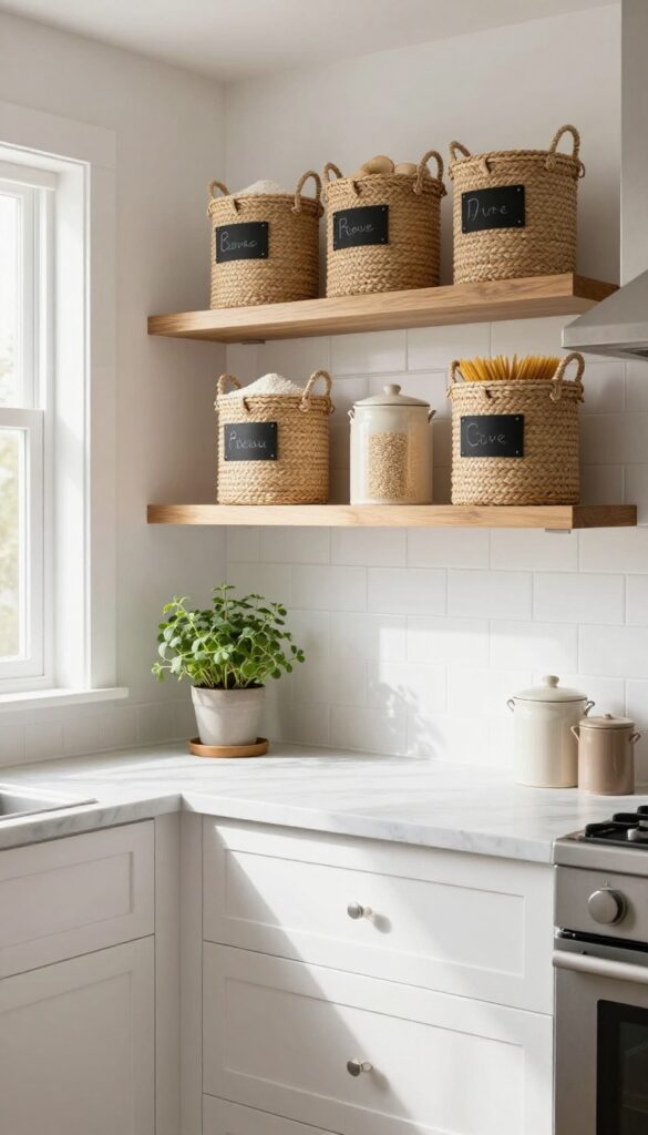 Open shelving with woven baskets and ceramic canisters for dry goods storage in a bright kitchen
