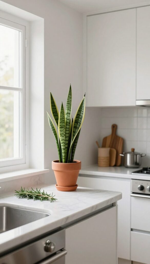 Modern kitchen counter with a small snake plant in a terracotta pot and a sprig of rosemary, natural light from window.