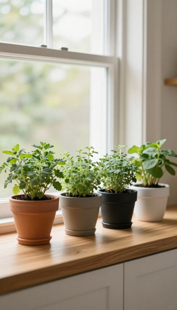 Kitchen window with integrated herb garden on a slim shelf, featuring lush green herbs in ceramic pots, warm wood tones, natural light.
