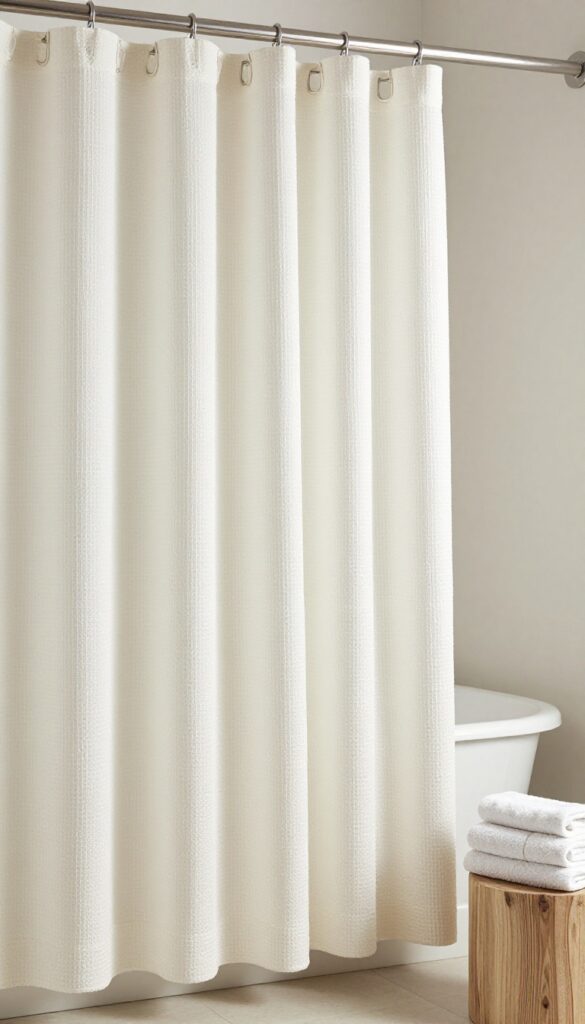 A waffle-weave spa shower curtain in a bright, clean bathroom with natural light, showcasing texture and minimalist decor for an upgraded look.