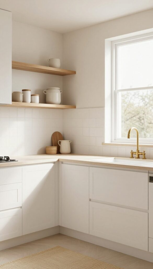Bright kitchen with creamy white herringbone tile backsplash, warm grout, white cabinets, brass fixtures, and natural wood shelving.