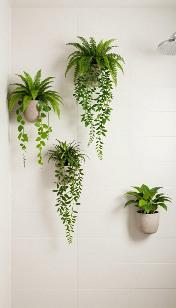 Pony wall shower with plants and greenery for freshness in a bright bathroom