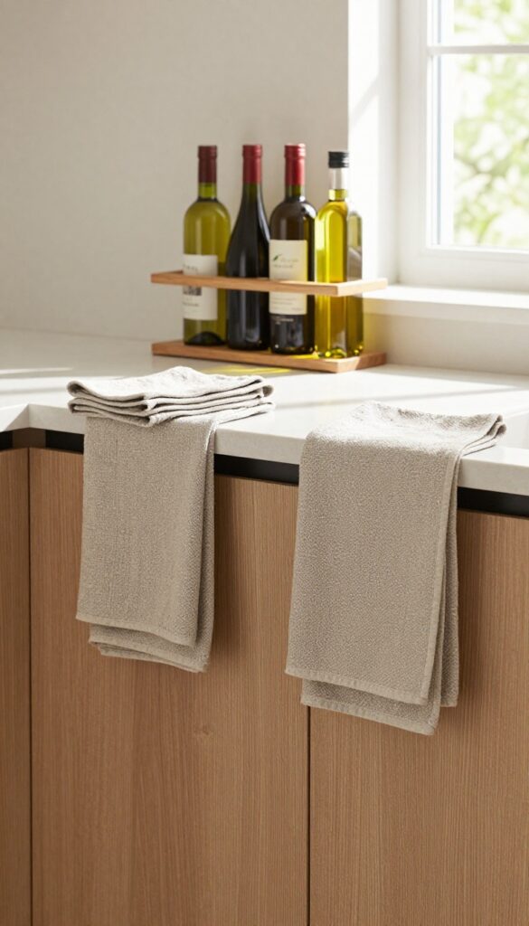 Kitchen towels folded over a wine rack on a countertop