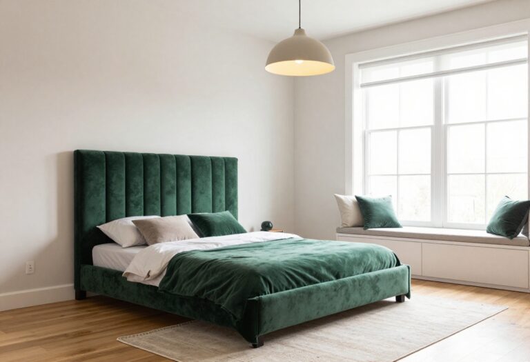 Luxury kids bedroom with velvet headboard, layered rugs, and cozy window seat