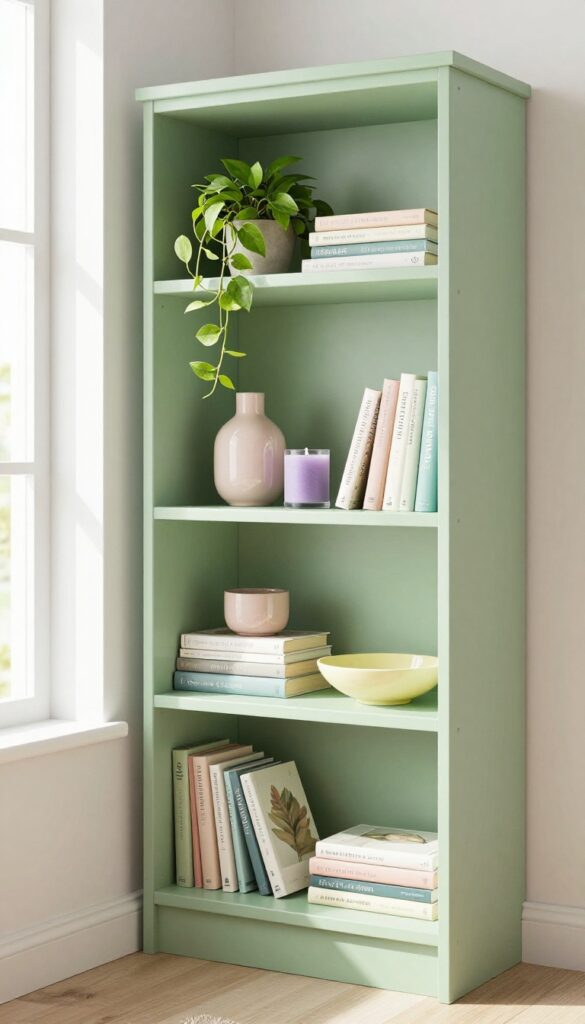 A green bookshelf styled with books, trailing plants, and pastel accents in a bright bedroom.