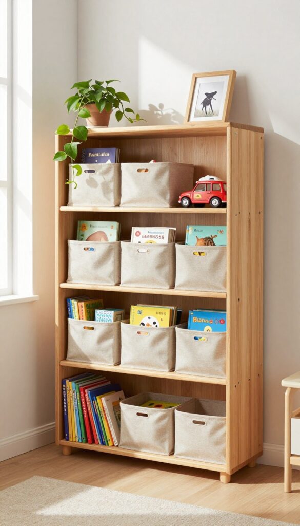 Low bookshelf with toy bins on top and books on lower shelves in a bright kids bedroom