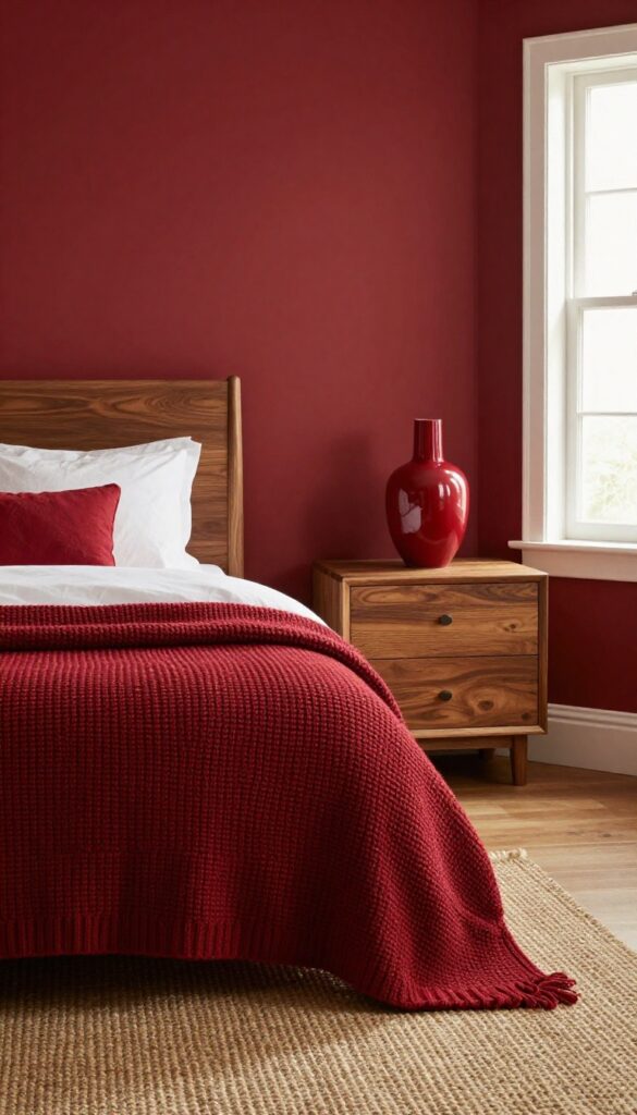 Cozy bedroom with red accent wall, walnut bed frame, oak nightstands, and red ceramic lamps