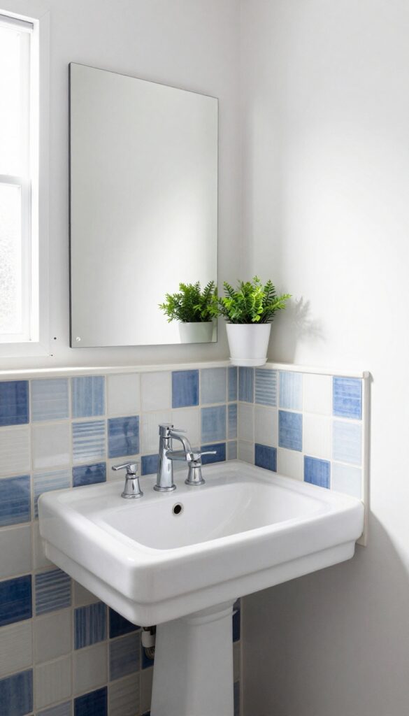 Small guest bathroom with pedestal sink and blue geometric backsplash