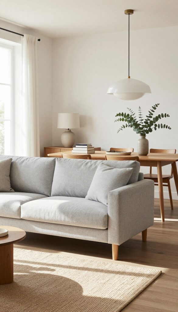 Floating sofa defines living and dining zones in open-concept room