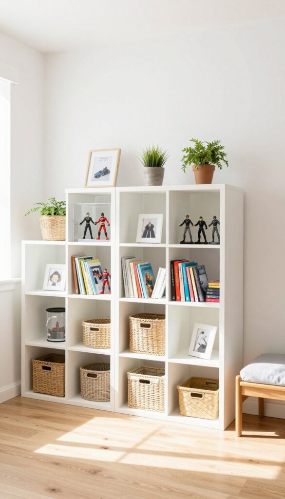 Modular cubby storage system in a shared boys bedroom with open cubbies, bins, and a bench, styled with plants and framed photos.