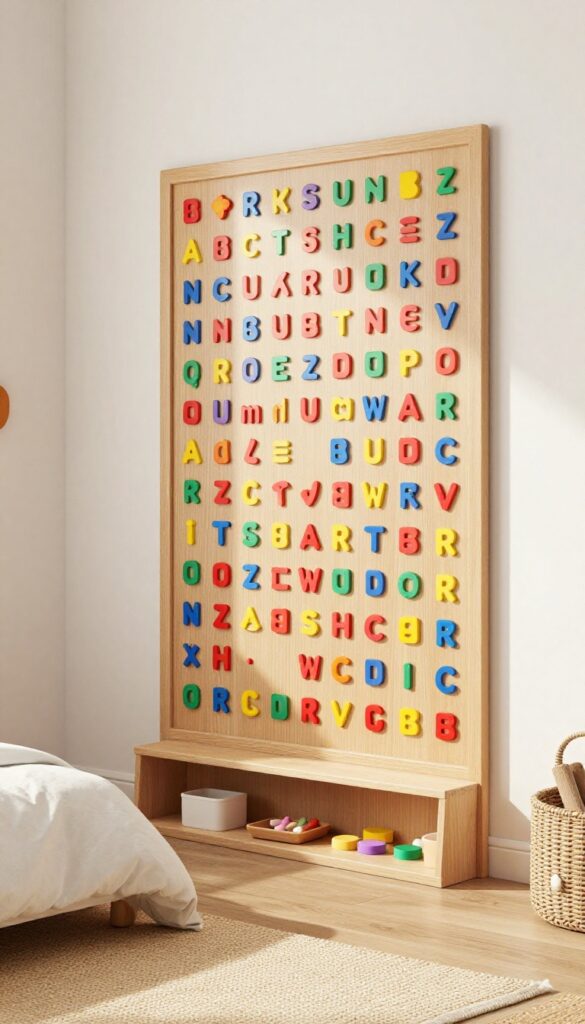 Small kids bedroom with vertical magnetic board play wall, wooden frame, shelf with accessories, neutral decor, bright natural light.