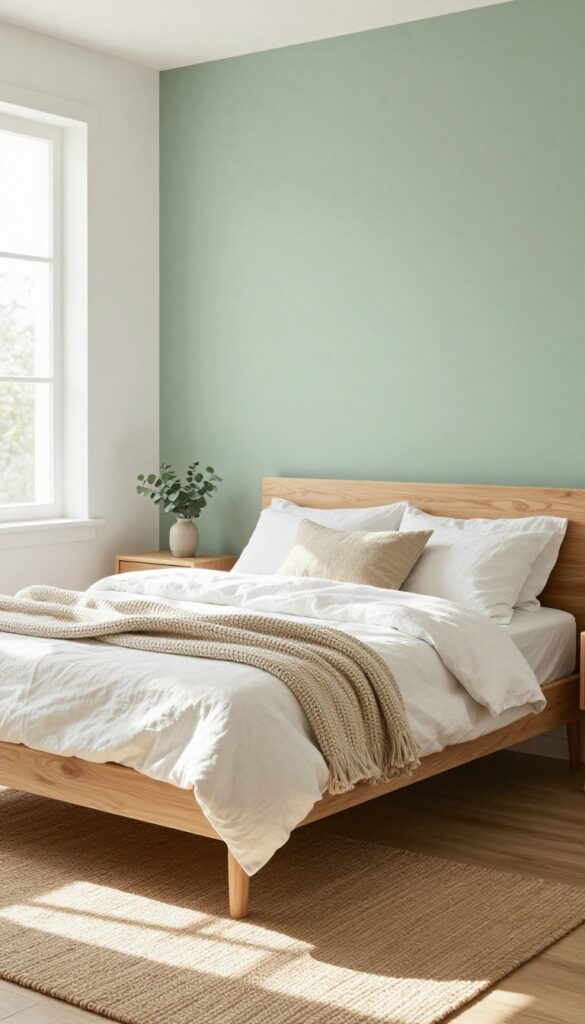Modern girl's bedroom with sage green accent wall, natural linen bedding, and wooden bed frame, bright natural light.