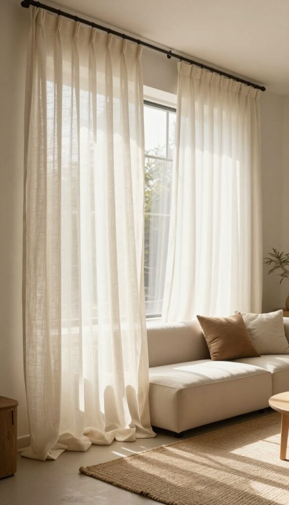 Boho living room with floor-to-ceiling sheer curtains creating a soft, airy atmosphere