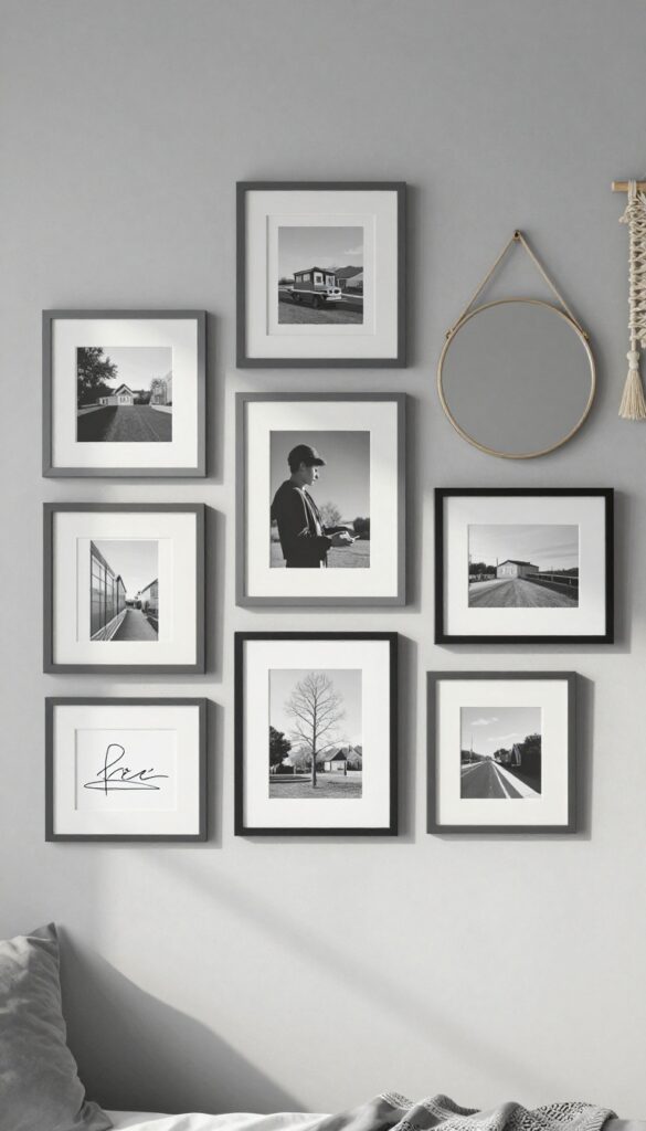 A gallery wall with mismatched grey frames, black-and-white art, a round mirror, and a woven hanging, styled on a light grey wall in a modern bedroom.