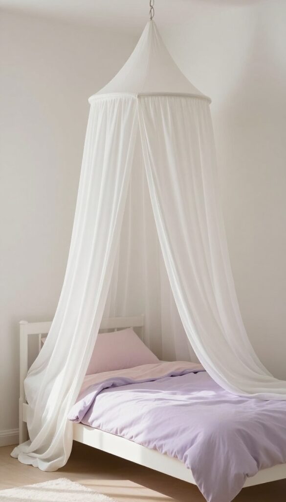 Girl's bedroom with a white canopy over a bed, blush and lavender bedding, natural light, cozy and dreamy atmosphere.