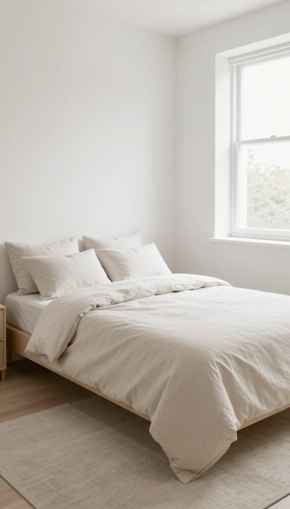 Small guest bedroom with low-profile platform bed featuring built-in drawers, soft neutral bedding, and a rug, bright natural light.