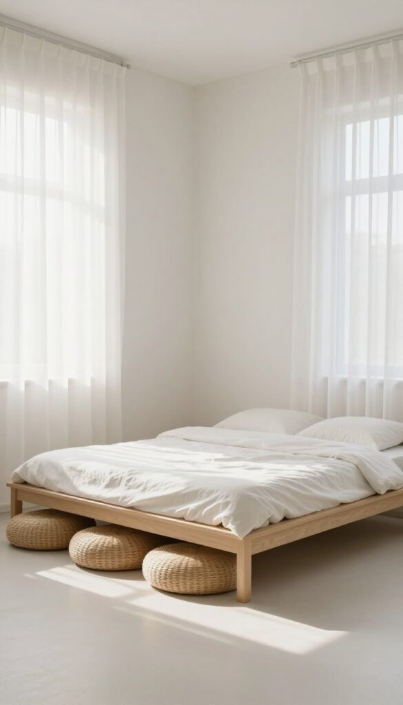 Under-bed storage with woven baskets in a tidy, minimalist bedroom