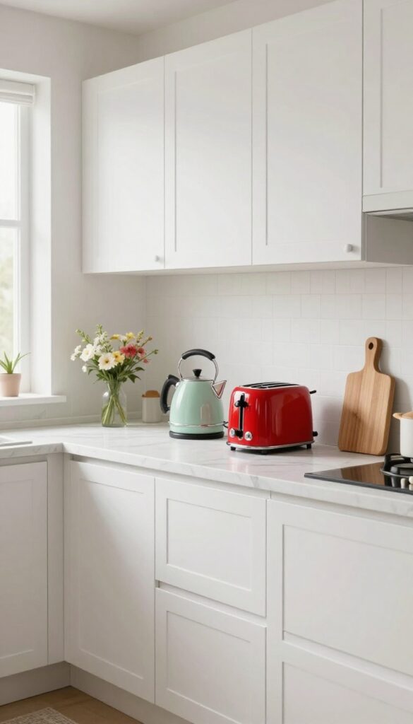 Colorful small appliances on a kitchen counter, retro red toaster and mint green kettle in natural light.