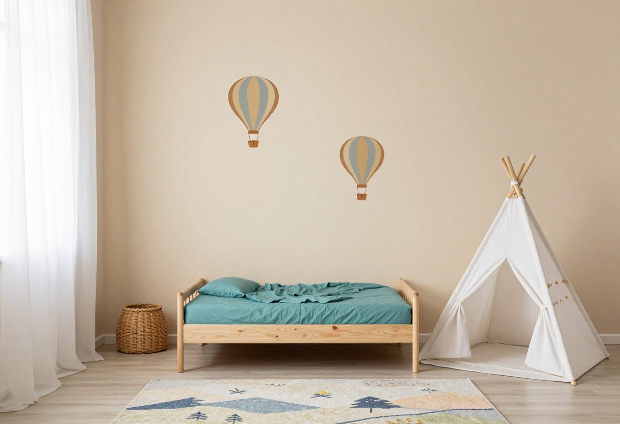 Modern and cozy toddler boy's bedroom with adventure-themed decor, including a teepee, landscape rug, and hot air balloon wall decal.