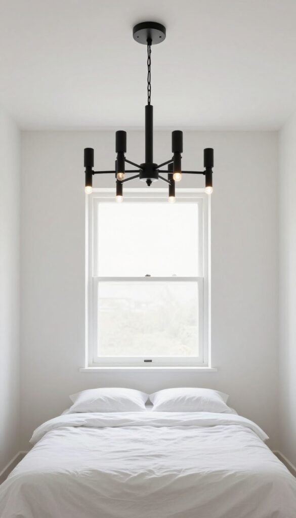 Small bedroom with matte black sputnik chandelier as statement lighting, light walls, natural light, cozy glow.