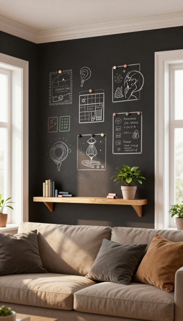 Chalkboard feature wall in a cozy living room with warm wood tones and soft lighting