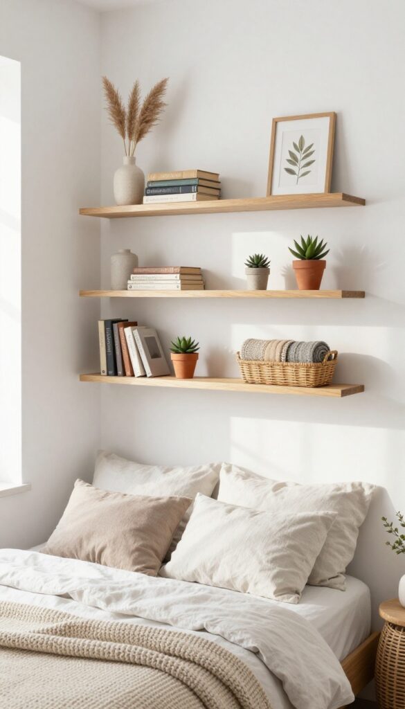 Floating shelves in a small bedroom with layered decor including books, art, plants, and a woven basket.