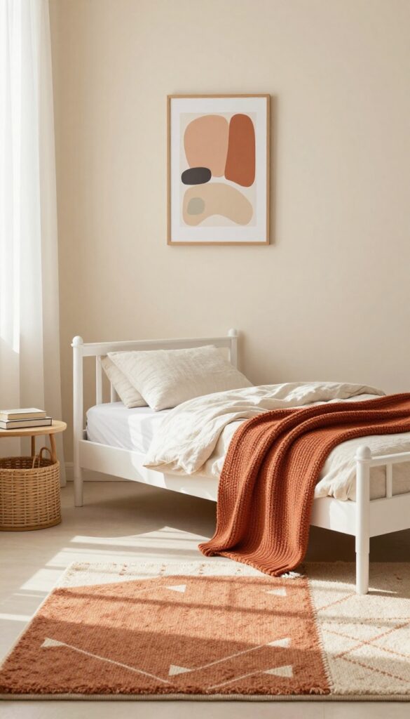 Cozy kids bedroom with neutral walls and warm terracotta and ochre accents, natural light, and soft textures.
