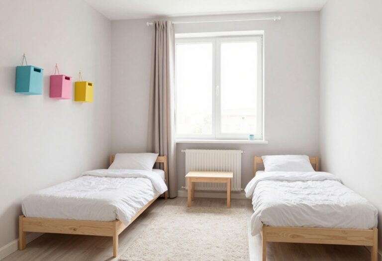 Two kids' beds in an L-shape with a shared corner table in a bright, small bedroom