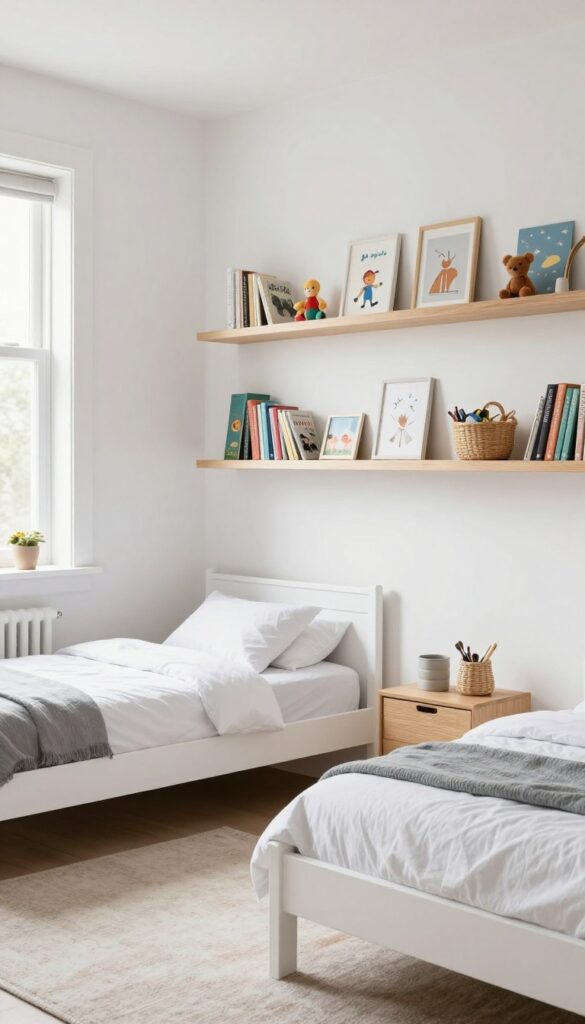 White floating shelves at different heights on a wall in a bright kids' shared bedroom, displaying books, toys, and art, with two twin beds and a rug below.