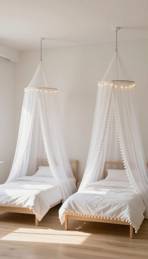 Two twin beds with sheer canopies creating private retreats in a shared bedroom