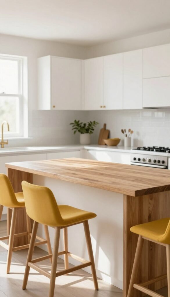 White kitchen island with three warm yellow bar stools and natural wood countertop