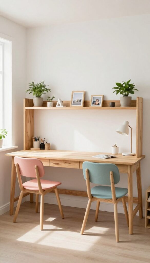 Shared girls bedroom with long wooden desk and low room divider creating two workspaces, decorated with personal touches