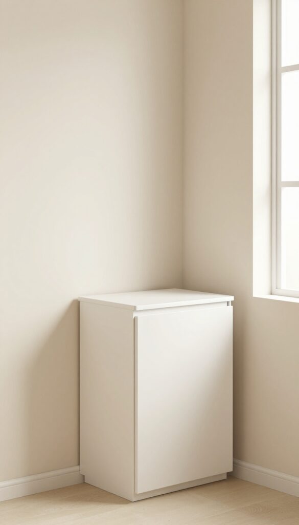 Wall-mounted fold-down vanity in a small bedroom corner, closed position, blending seamlessly with the wall
