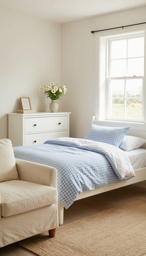 Coastal cottage girl's bedroom with whitewashed furniture, blue gingham bedding, slipcovered armchair, braided rug, and fresh flowers.