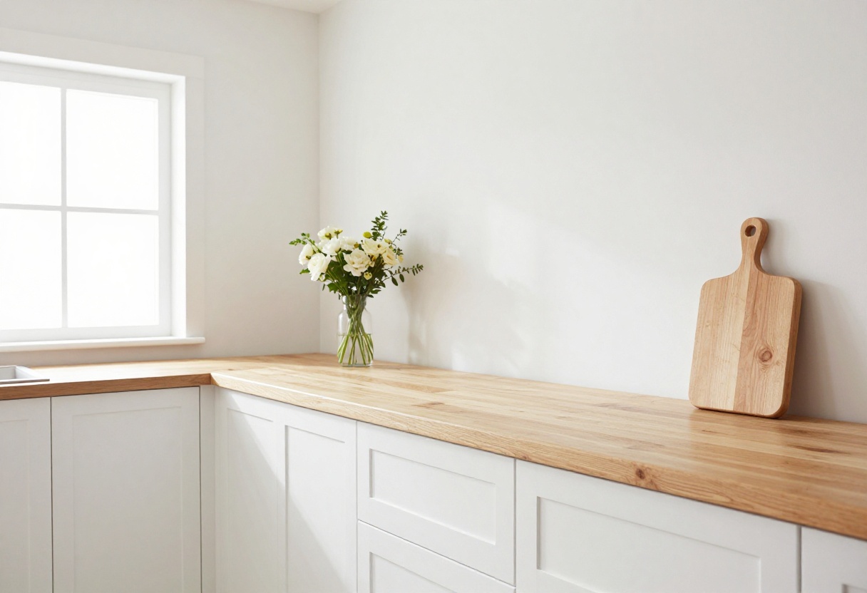 Bright kitchen with light wood worktop and white cabinets
