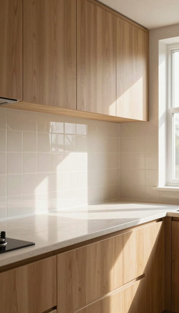 Open kitchen with glossy tiled backsplash reflecting light, matte countertops, and warm wood cabinets.