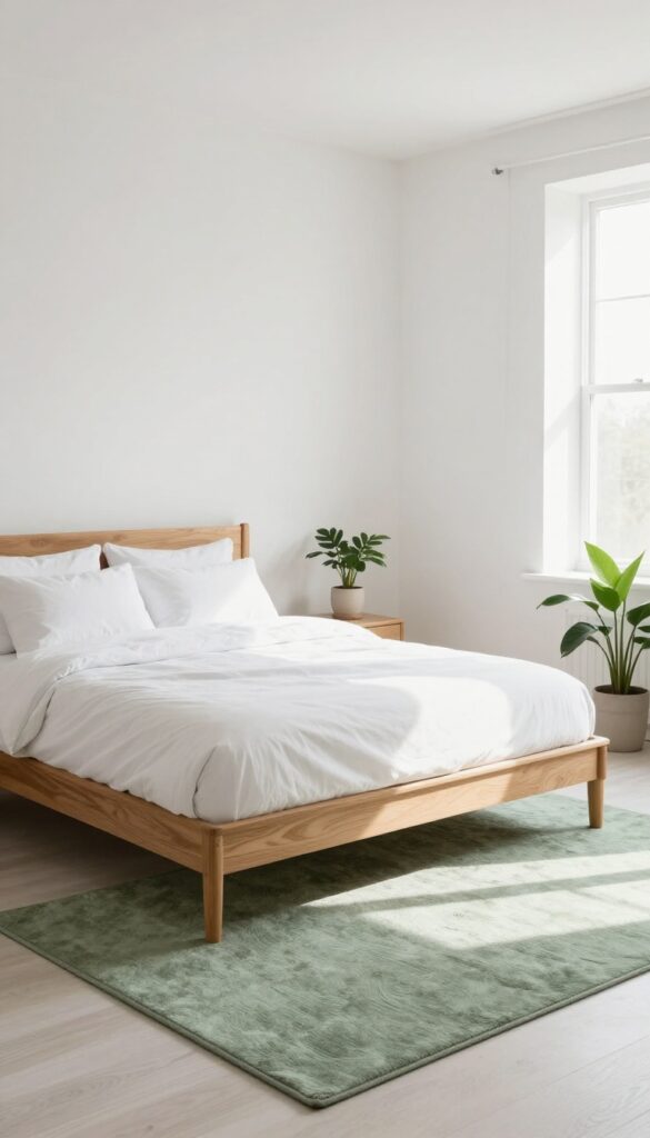 A green rug under a bed in a bright bedroom with natural light and plants