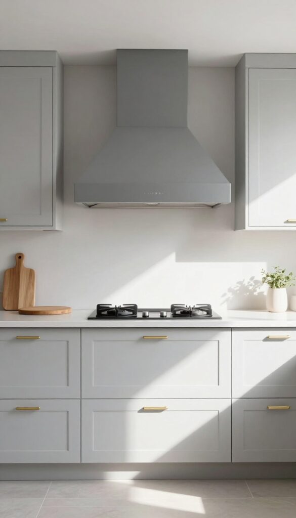 Light grey kitchen with a statement range hood in a slightly darker grey, creating a soft contrast and anchoring the cooking zone.