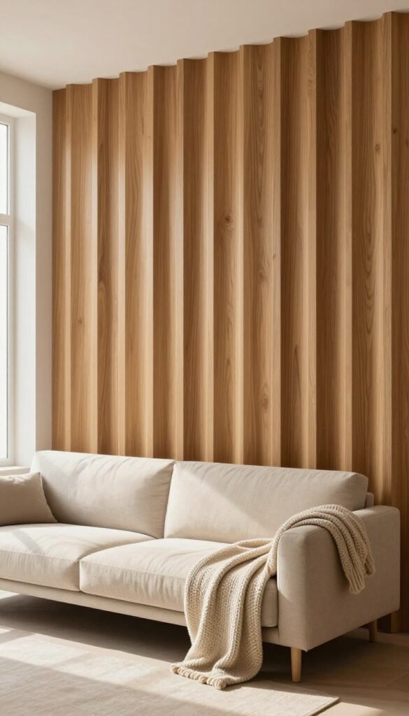 Modern living room with warm wood slat accent wall and neutral sofa
