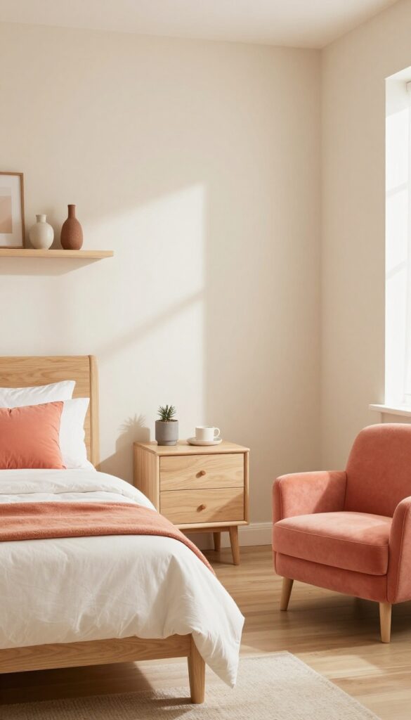 Modern girls bedroom with cream and coral palette and natural wood furniture