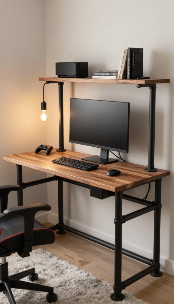 Industrial pipe desk with warm wood top in a boy's gaming bedroom