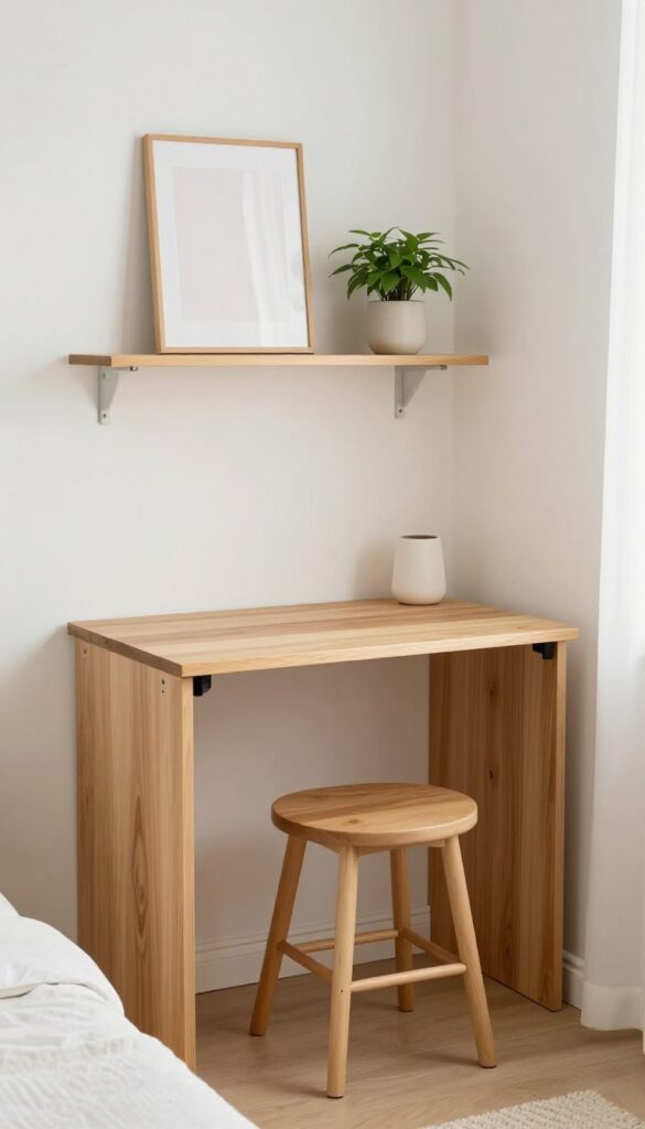 Small bedroom with a fold-down wall desk in a corner, warm wood desktop, slim stool tucked underneath, small shelf with lamp and plant, bright natural light, clean and airy.