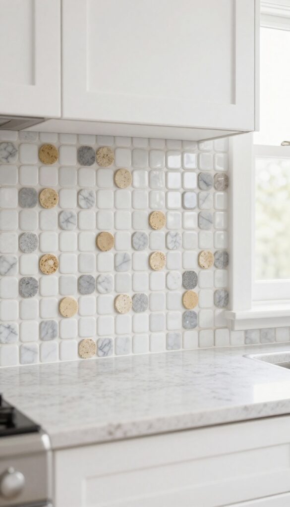 Close-up of a mixed-material mosaic kitchen backsplash with matte ceramic, polished marble, and honed stone tiles in neutral tones, natural light, modern kitchen setting.