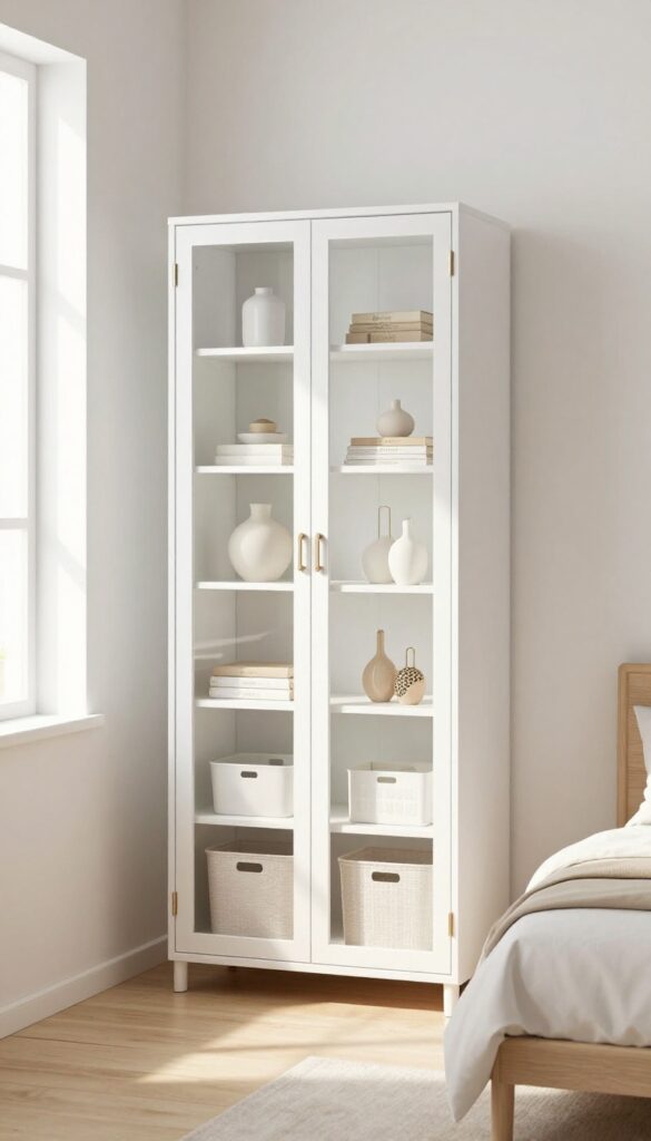 Glass-front cabinet in light and airy guest bedroom office with decorative items and storage baskets